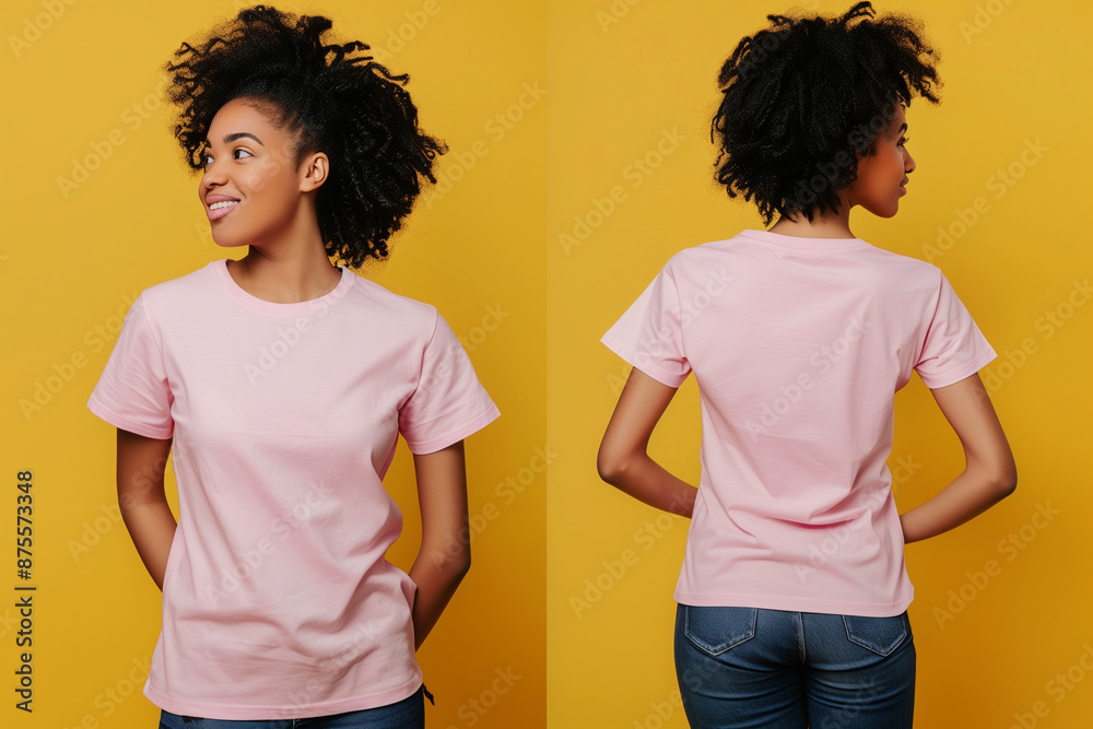 A woman wearing a mockup of a plain pink T-shirt, photographed showing both front and back views A woman wearing a mockup of a plain pink T-shirt, photographed showing both front and back views