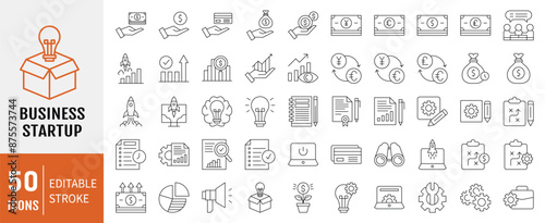 Startup icon set. Containing innovation, business plan, investment, launch, funding, investor and entrepreneurship icons. 