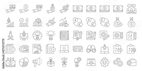 Startup icon set. Containing innovation, business plan, investment, launch, funding, investor and entrepreneurship icons. 