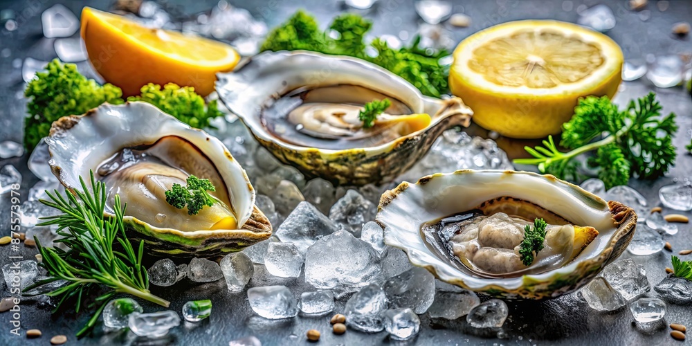 Fresh Chilean Oysters on ice with lemon wedges and seaweed, oysters, seafood, fresh, Chilean, delicacy, ocean, delight, raw Fresh Chilean Oysters on ice with lemon wedges and seaweed, oysters, seafood, fresh, Chilean, delicacy, ocean, delight, raw