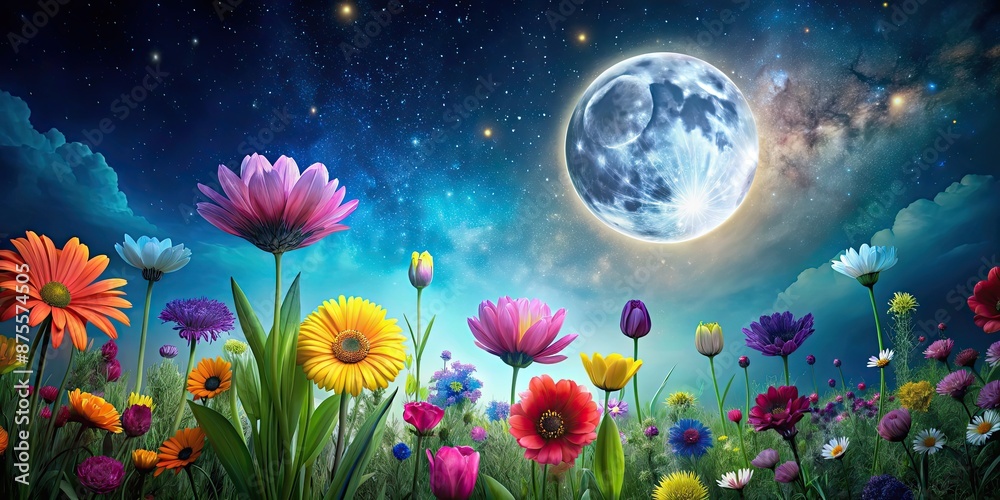 Fototapeta premium Vibrant flowers blooming under the moonlight, night, flowers, vibrant, blooming, moonlight, darkness, petals, nature