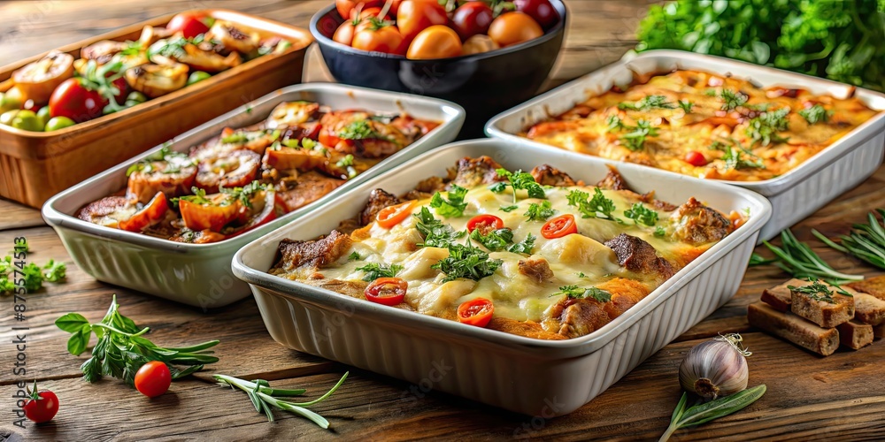 Close-up of mouthwatering homemade casseroles with flavorful meat and farm-fresh vegetables, casserole, homemade Close-up of mouthwatering homemade casseroles with flavorful meat and farm-fresh vegetables, casserole, homemade
