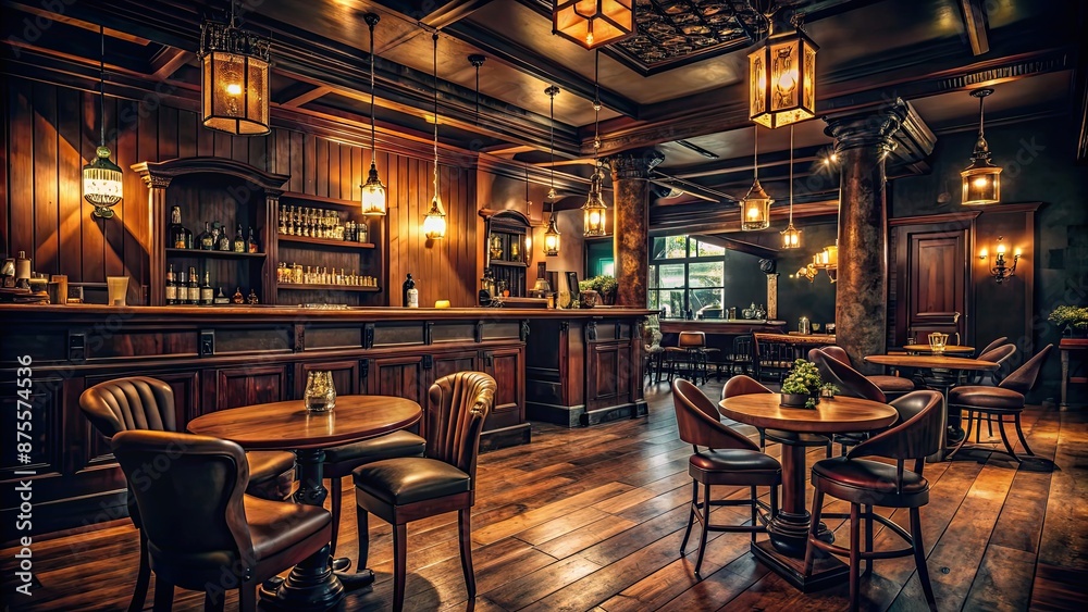 Fototapeta premium Dark bohemian pub interior with vintage furniture and dim lighting, pub, interior design, bohemian, vintage, dark