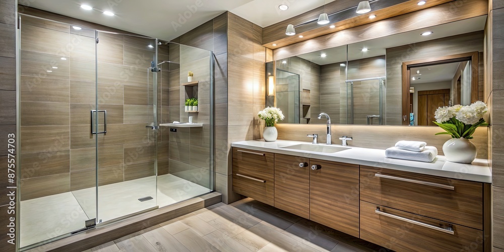 Fototapeta premium Ensuite bathroom with spacious shower and sleek vanity, ensuite, bathroom, large shower, vanity, modern, luxury, interior