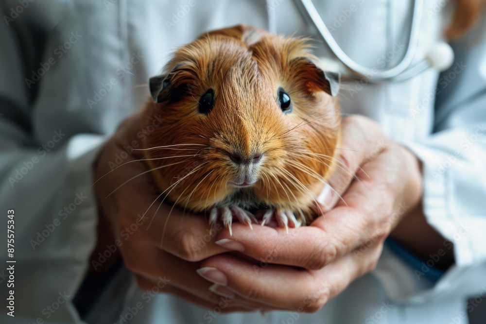 Guinea pig being held by a veterinarian. Studio pet portrait. Veterinary care and pet health concept. Guinea pig being held by a veterinarian. Studio pet portrait. Veterinary care and pet health concept.