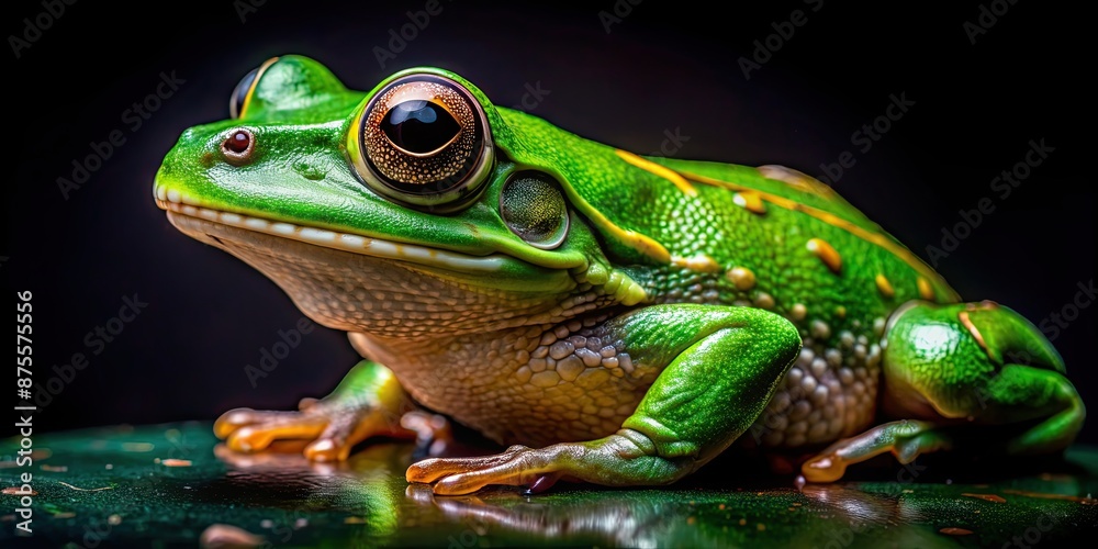 Close-up of exotic green frog with detailed skin texture on dark background, frog, exotic, green, close-up Close-up of exotic green frog with detailed skin texture on dark background, frog, exotic, green, close-up