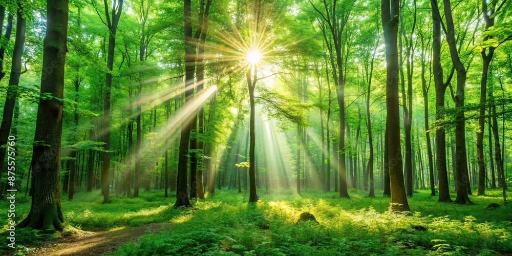 Naklejka premium Lush green forest background with sun rays filtering through the trees, nature, greenery, foliage, woodland, environment