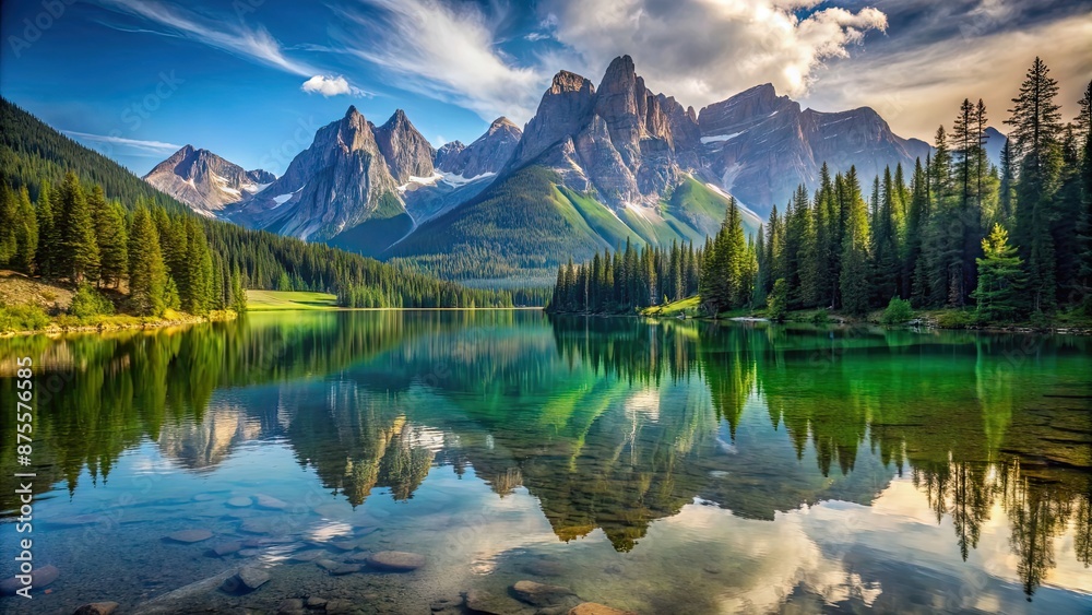 Serene mountain lake surrounded by towering peaks , mountains, lake, nature, landscape, reflection, tranquil, peaceful