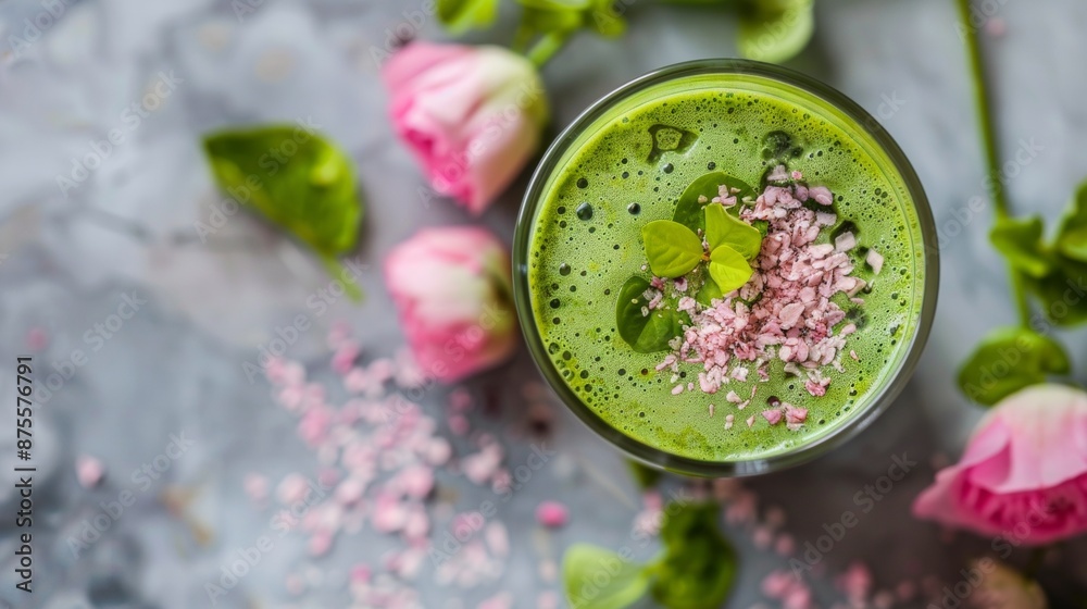Green Smoothie with Pink Garnish and Flowers Green Smoothie with Pink Garnish and Flowers