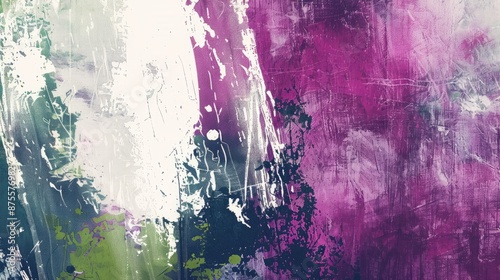 Abstract grunge image with shabby paint in a fashionable aquarelle print of indigo magenta white and green colors