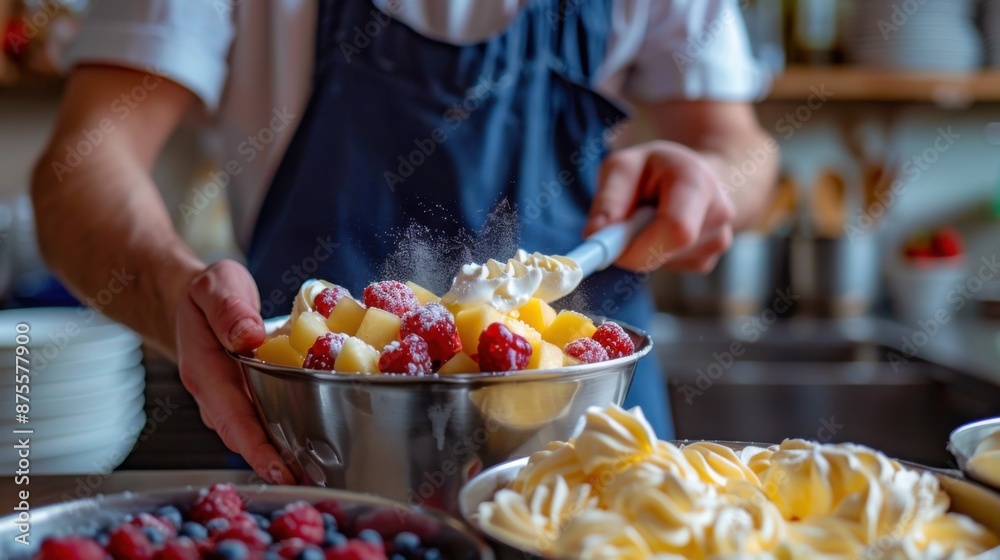Artisanal Ice Cream Maker Folding Fresh Fruit into Homemade Batch in Small Kitchen Artisanal Ice Cream Maker Folding Fresh Fruit into Homemade Batch in Small Kitchen