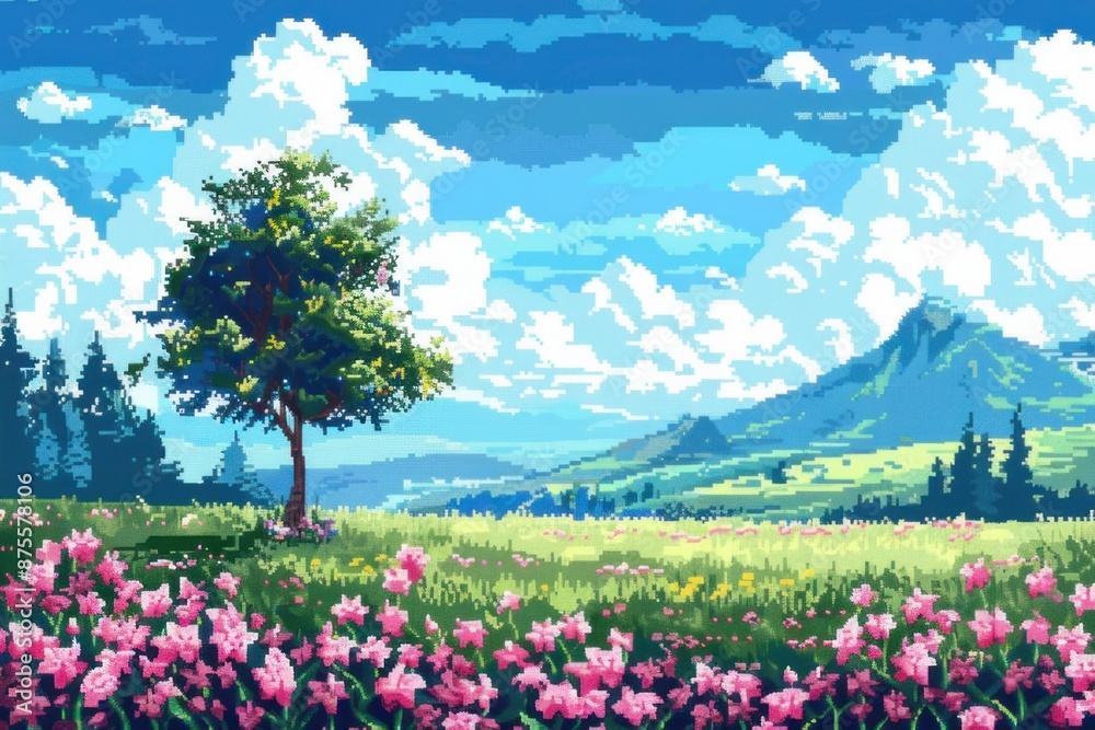 Obraz premium Pixel art background meadow with flowers and trees sky clouds mountains.
