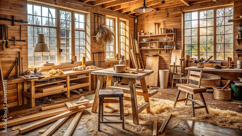 Fototapeta premium Warmly lit carpentry studio filled with various wooden planks, tools, and equipment, with a half-finished wooden chair on a workbench, surrounded by wood shavings.