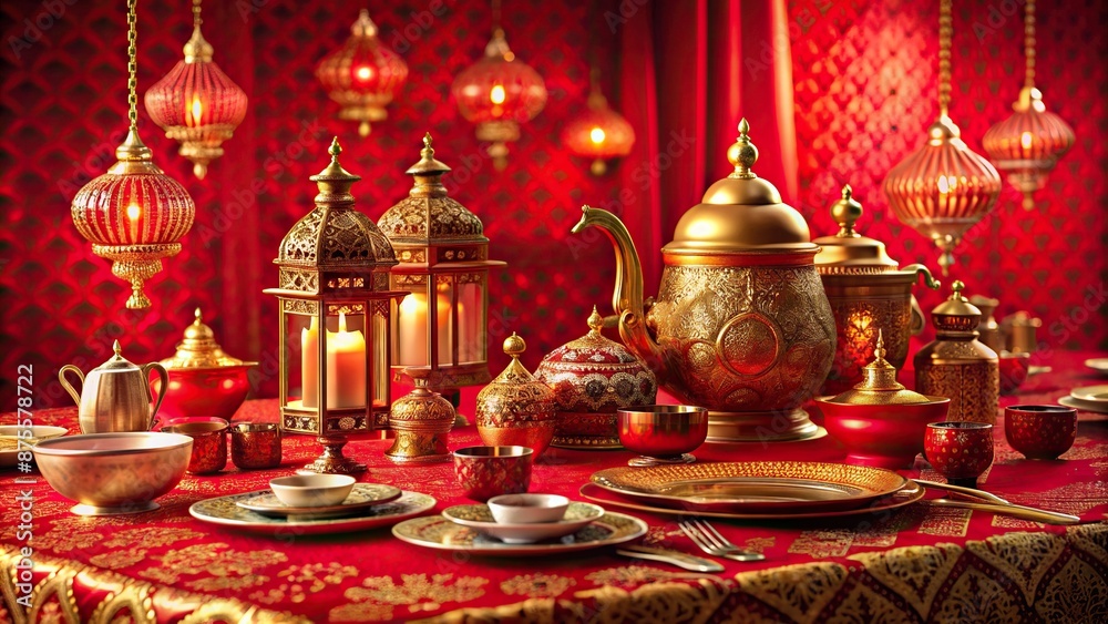 Obraz premium Vibrant red tablecloth adorned with golden ornaments, lanterns, and intricately designed plates, utensils, and tea sets, set against a auspicious gold and red background.