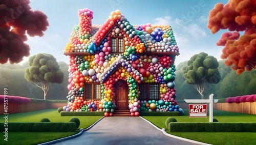 Quirky House Covered in Colorful Balloons with For Sale Sign