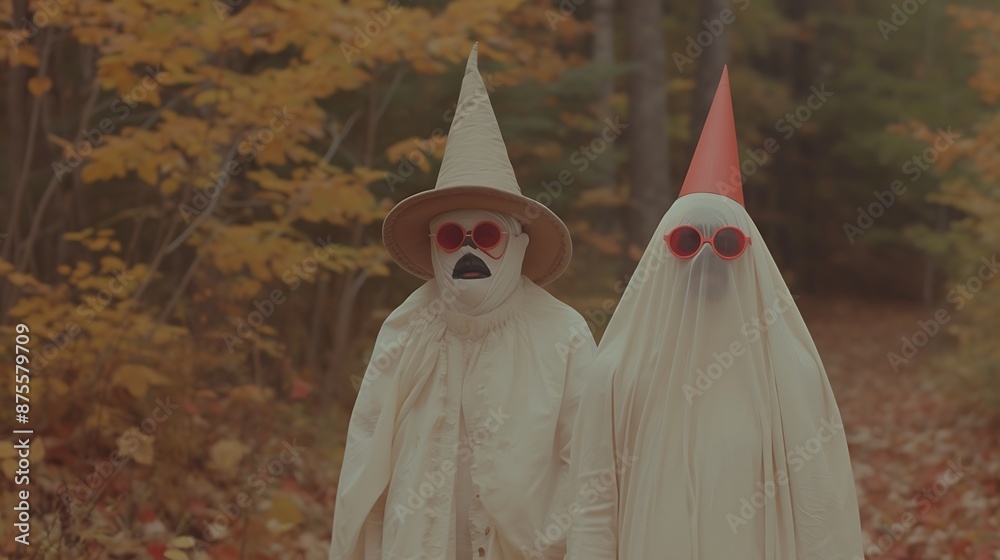 Obraz premium halloween costumes standing amidst plants in garden