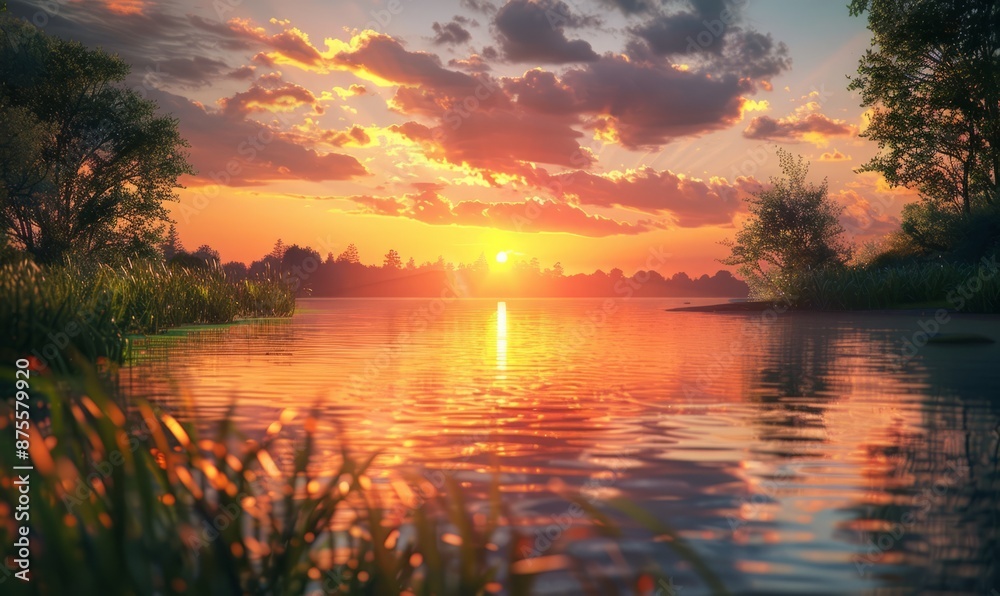 A serene lakeside view at sunset A serene lakeside view at sunset