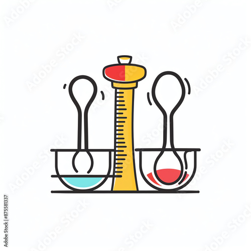 Line art illustration of laboratory experiment with beakers, test tubes, and chemicals. Science, education, and research concepts. photo
