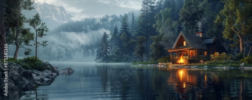 A tranquil lakeside cabin with a campfire. Realistic. © peppastock