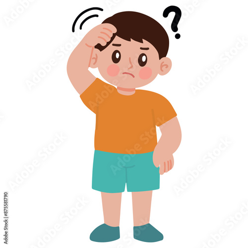 Vector confused thinking boy scratching his head cartoon illustration
