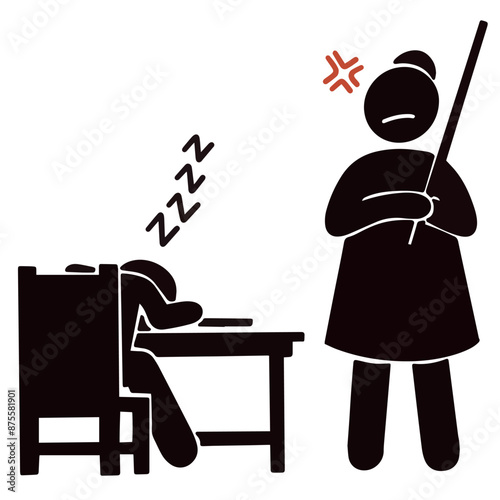 Vector angry teacher looking at student sleeping in class room illustration