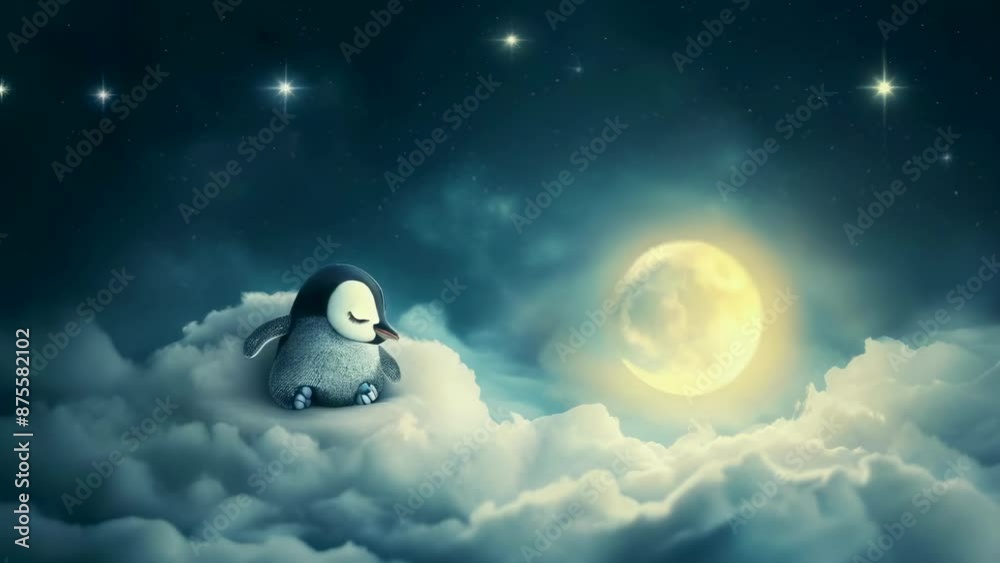A cute baby penguin rests peacefully on fluffy clouds beneath a bright full moon. The night sky sparkles with stars, creating a serene and dreamy atmosphere. The scene evokes a sense of calm and A cute baby penguin rests peacefully on fluffy clouds beneath a bright full moon. The night sky sparkles with stars, creating a serene and dreamy atmosphere. The scene evokes a sense of calm and