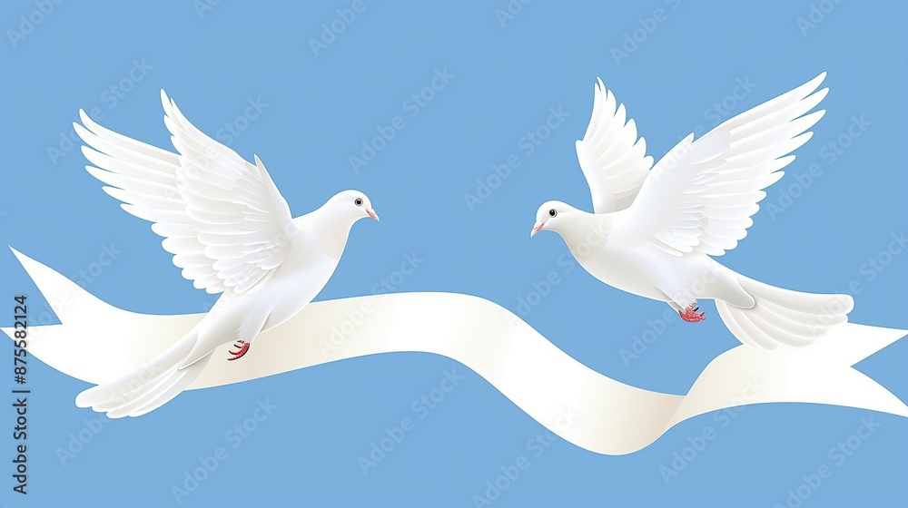 Fototapeta premium Two white doves carrying a white banner isolated on a blue background, peace concept