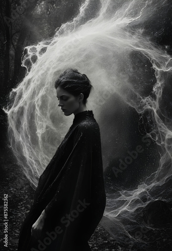 portrait of a person in a hood and magic flying