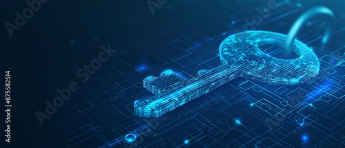 A futuristic key on a digital background with glowing blue light and security elements, symbolizing cyber security technology in a modern tech concept