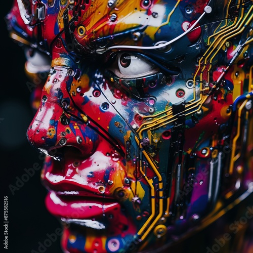 a close up of a robots face with colorful paint on it