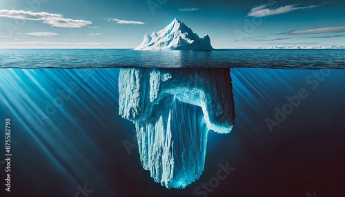 Iceberg in clear blue water and hidden danger under water. Iceberg - Hidden Danger And Global Warming Concept. Floating ice in ocean. Copyspace for text and design