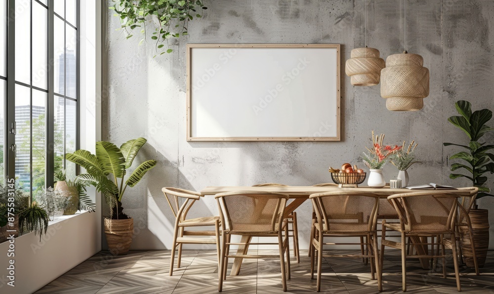 Minimalist dining room with an empty frame on the wall Minimalist dining room with an empty frame on the wall