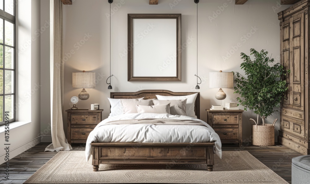 Elegant bedroom with an empty frame on the dresser Elegant bedroom with an empty frame on the dresser
