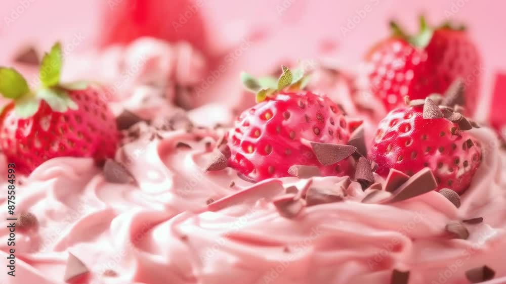 A detailed shot of fresh strawberries placed atop a creamy pink dessert, garnished with chocolate shavings. The vibrant colors and textures make this dessert appealing and delicious.