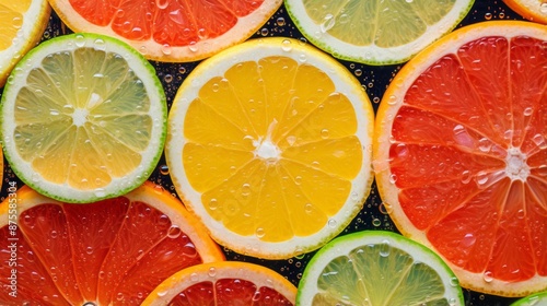 a close up of slices of citrus fruit with water droplets on them