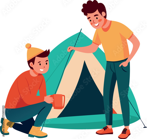 Two Friends Enjoying Camping Trip With Tent