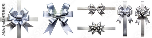 Silver ribbon and bow top view on transparent background PNG file
