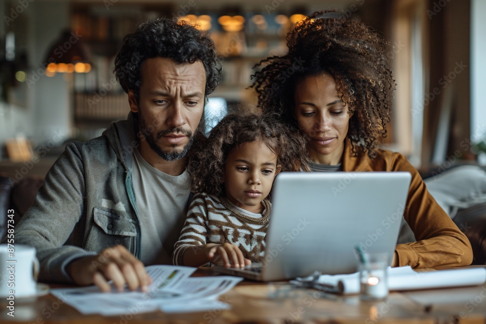 Family Working on Finances with Laptop and Documents Family Working on Finances with Laptop and Documents