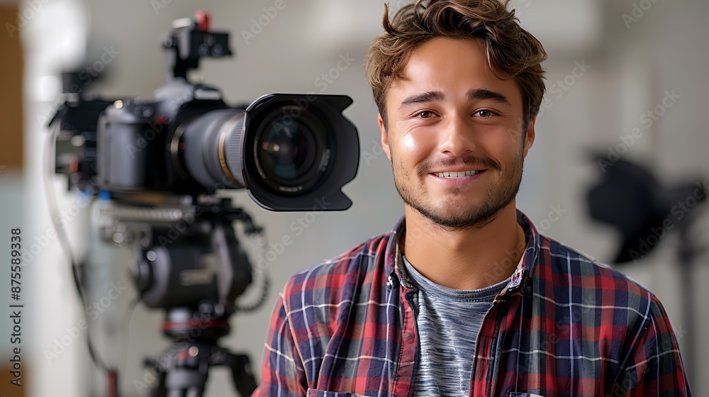 cameraman smile and stand behind camera video cameraman smile and stand behind camera video