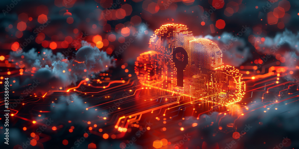 Key in the cloud with circuit board background. Digital security and data protection concept. Key in the cloud with circuit board background. Digital security and data protection concept.