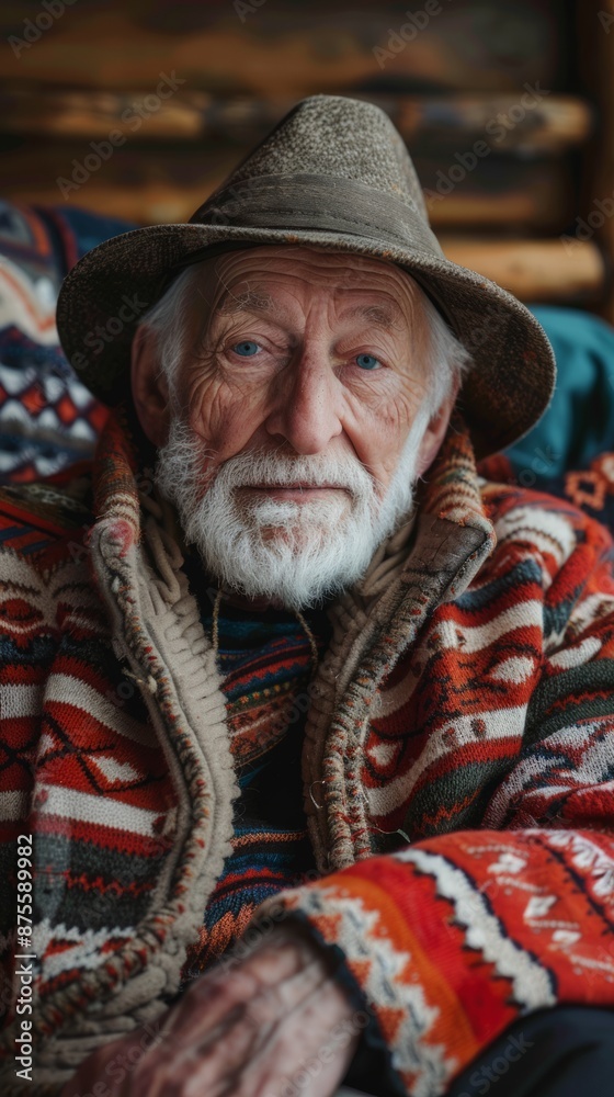 Canadian elderly man with a warm sweater, looking cozy