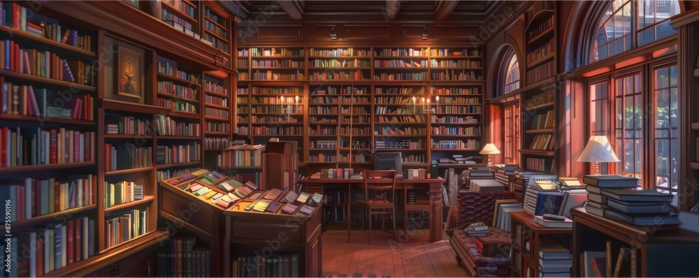 A cozy bookstore with shelves of books. Realistic. A cozy bookstore with shelves of books. Realistic.