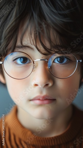 Close-up of a young Japanese boy with glasses