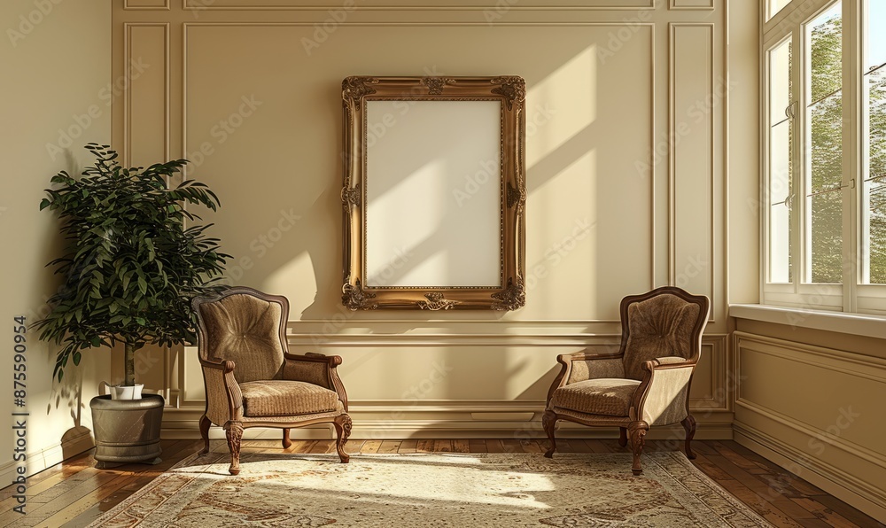 Classic study with an empty portrait frame on the wall Classic study with an empty portrait frame on the wall