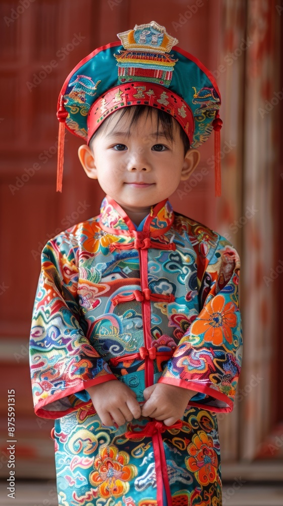 Chinese child with a colorful outfit, looking playful Chinese child with a colorful outfit, looking playful