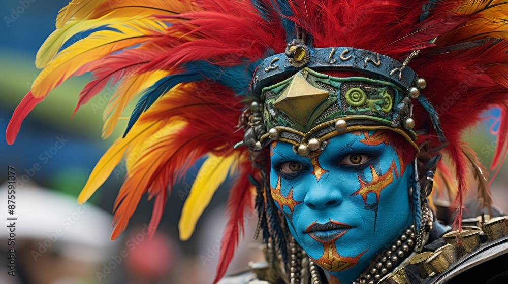Fototapeta premium a man with colorful face paint and feathers on his head