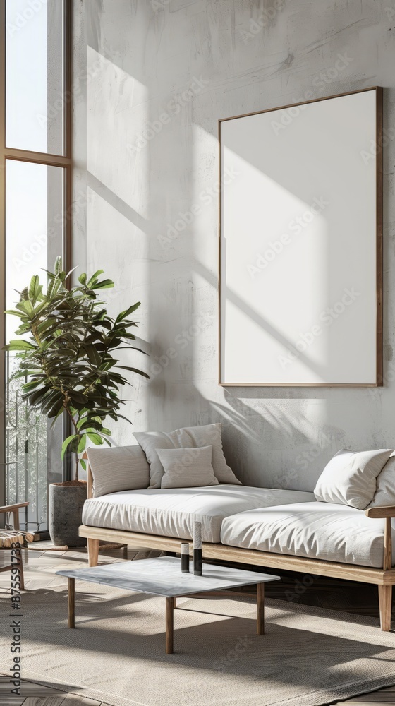 Minimalist living room with a blank canvas on the wall Minimalist living room with a blank canvas on the wall