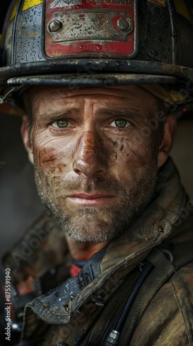 American firefighter with a heroic expression