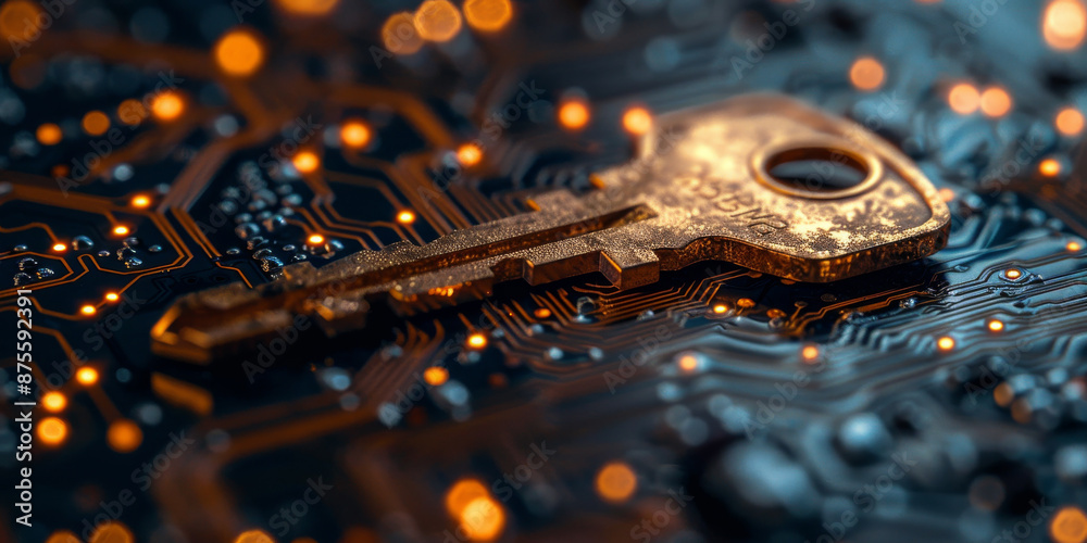 Key symbol on the electronic circuit. Cyber security concept. Key symbol on the electronic circuit. Cyber security concept.