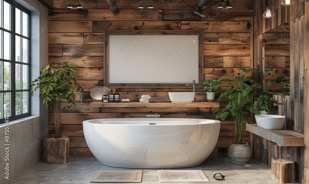 Rustic bathroom with a blank frame above the vanity Rustic bathroom with a blank frame above the vanity